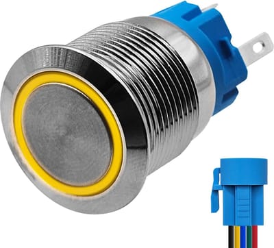 ProRide Metalen Pulsschakelaar 12V OFF-(ON) - 19mm - Momentschakelaar met Aansluitkabel - Spatwaterdicht - 12V/24V - LED Indicatie Geel