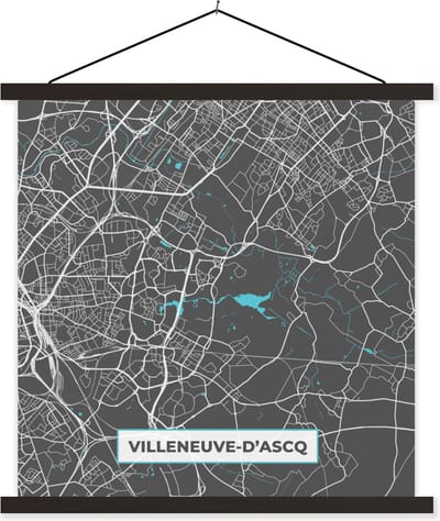 Posterhanger incl. Poster 60x60 cm - Schoolplaat - Villeneuve-d'Ascq - Plattegrond - Kaart - Stadskaart - Frankrijk - Textielposter - Zwarte latten - Stadskaart