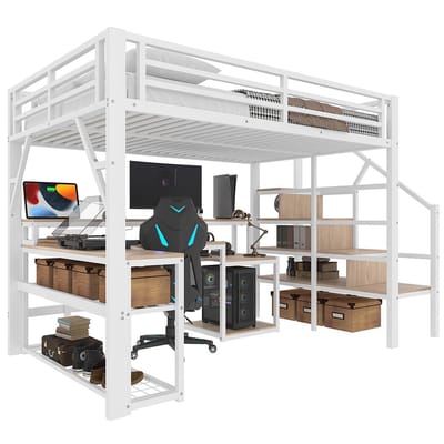 Komhtom Hoogslaper, 140 x 200 cm, ijzeren frame, plank, trap met opbergruimte, veiligheidshek, met LED-lichtstrip, bureau, met USB-poort, zonder matras, wit