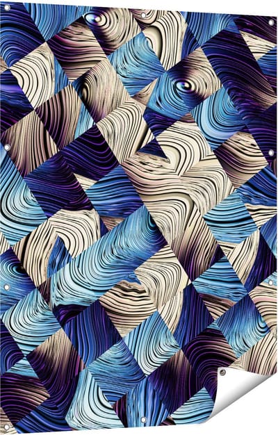 Gards Tuinposter Abstracte Kunst met Blauwe en Gouden Ruiten - 90x120 cm - Tuindoek - Tuindecoratie - Wanddecoratie buiten - Tuinschilderij