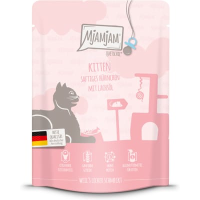 MjAMjAM Squeeze 6 x 300 g of 24 x 300 g - Voordeelpakket: Kitten Kip met Zalmolie (24 x 30 g)