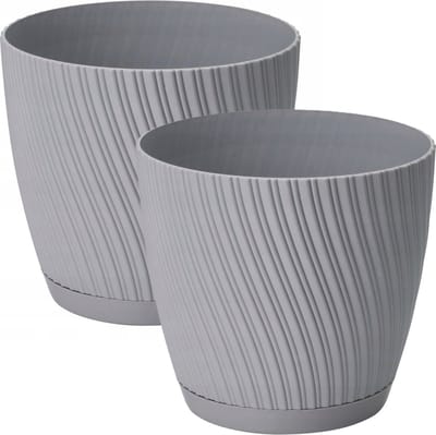 Form Plastic Plantenpot/bloempot Waves - 2x - kunststof - platina grijs - D27 x H24 cm - met opvang schotel - rond