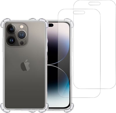 Hoesje geschikt voor iPhone 14 Pro + 2x Screenprotector – Tempered Glass - Extreme Shock Case Transparant