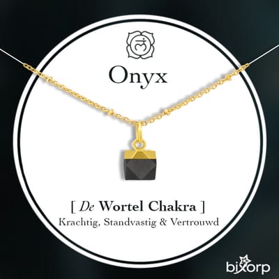 Bixorp Gems Onyx Chakra ketting - 18 Karaat Verguld Goud & Roestvrij Staal - Wortel Chakra - 36cm + 8cm verstelbaar