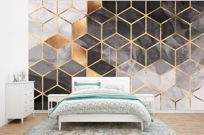 Behang - Fotobehang Abstract - Kubus - Goud - Patronen - Zwart - Wit - Breedte 375 cm x hoogte 280 cm