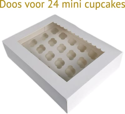 Bakdozen.nl Cupcake Doos voor 24 Mini Cupcakes - Wit - Met Tray, Venster en Sierluifel - 10 Stuks - 34 x 26 x 7.5 cm