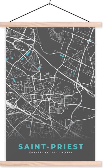 Posterhanger incl. Poster 40x60 cm - Schoolplaat - Saint-Priest - Stadskaart - Kaart - Plattegrond - Frankrijk - Textielposter - Blanke latten - Stadskaart