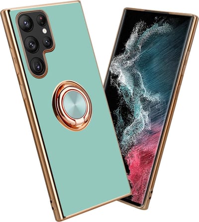 Cadorabo Hoesje geschikt voor Samsung Galaxy S22 ULTRA in Glossy Turquoise - Goud met ring - Beschermhoes van flexibel TPU-silicone Case Cover met camerabescherming en magnetische autohouder