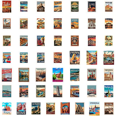 50 stuks Europese Steden Reisstickers Beroemde Bezienswaardigheden Gebouwen Decals ZELF MAKEN Trolley Bagage Koffer Koelkast Auto Sticker beige