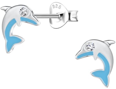 Joy|S - Zilveren dolfijn oorbellen - zilver met blauw - 7 x 8 mm - kristal - sterling zilver 925