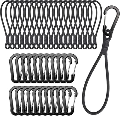 20 stuks spanrubbers met karabijnhaak, expander met zwarte karabijnhaak, bevestigingshaken 15 cm, spanrubber van 100% latex met veerhaken, ideaal voor camping, bagage en dekzeilen