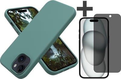 Hoesje met Privacy Screenprotector Geschikt voor iPhone 15 Hoesje Siliconen - liquid case - Arara Backcover - Groen