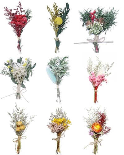 Dailygoods - TooGet 9 stuks mini-bloemboeketten van gedroogde bloemen, echte kleine boeketten, boho-bloemen, natuurlijke dekken, om te knutselen, voor taart, geschenkverpakkingen, bruiloftsdecoratie en