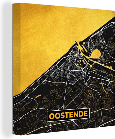 Canvas Schilderij Kaart - Oostende - Plattegrond - Stadskaart - Goud - 20x20 cm - Wanddecoratie