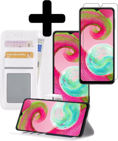 Hoesje - Met Screenprotector - Geschikt voor Samsung Galaxy A04s - Luxe Pasjeshouder - Bookcase Portemonee - Flip Case - Kunstleer Book Case - Flipcase - Book Cover - Walletcase - Portemonneehoes - Telefoonhoesjes - Wit