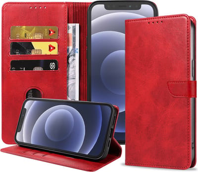 Geschikt voor iPhone 12 Mini Telefoonhoesje Kunstleer met Magnetisch lipje en Pasjeshouder Book Case met Klepje - Rood - Smartphonica geschikt voor iPhone 12 Mini