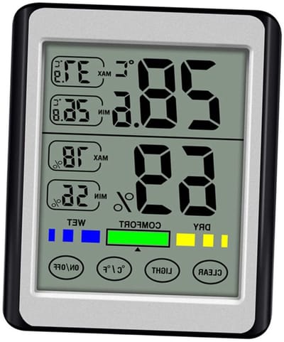 Hygrometer Thermometer - Klimaatmeter - Binnenklimaat Meten - Max Min Geheugen - 10.1 x 8.2 cm - Zilver Grijs