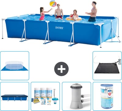 Intex Rechthoekig Frame Zwembad - 450 x 220 x 84 cm - Blauw - Inclusief Afdekzeil - Onderhoudspakket - Zwembadfilterpomp - Filter - Grondzeil - Solar Mat - 7-delig