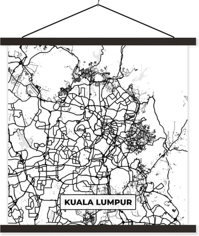 Posterhanger incl. Poster 60x60 cm - Schoolplaat - Kaart - Kuala Lumpur - Stadskaart - Plattegrond - Zwart Wit - Textielposter - Zwarte latten - Stadskaart