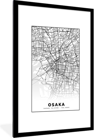 Fotolijst incl. Poster - Kaart - Osaka - Stadskaart - Japan - Plattegrond - 80x120 cm - Posterlijst