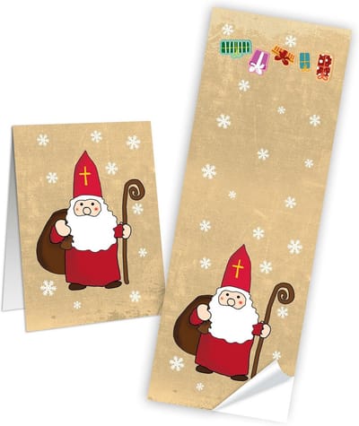 50 Lange Kerststickers Sint-Nicolaas - Rood Wit Cadeaulabel voor Zakken en Geschenkverpakking
