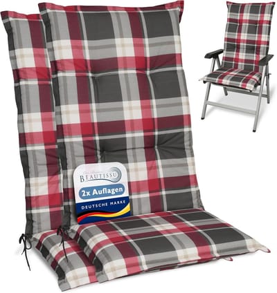 Beautissu Sunny RK – Set van 2 Tuinkussens Hoge Rug 120x50 cm met UV-lichtechtheid Comfortabele Tuinstoel Zitkussen Rood Grijs geruit