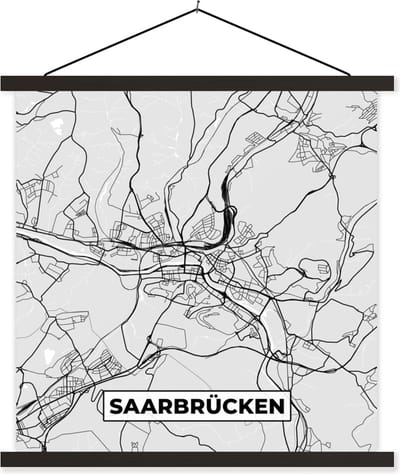 Posterhanger incl. Poster 60x60 cm - Schoolplaat - Kaart - Saarrücken - Plattegrond - Duitsland - Stadskaart - Textielposter - Zwarte latten - Stadskaart