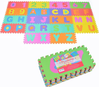 Puzzelmat XXL met 36 stukjes voor kinderen, antislip EVA - speelmat, aan elkaar te bevestigen inclusief randdelen 30 x 30 x 1 cm - kindertapijt, puzzel met cijfers en letters inclusief tas