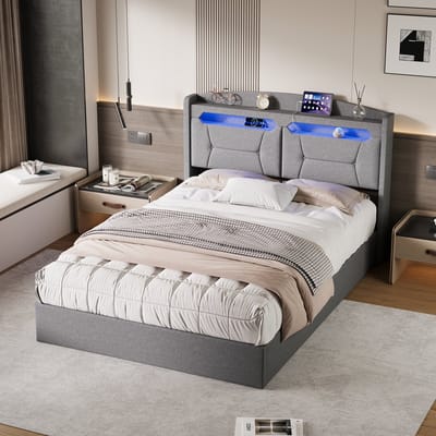 Tweepersoonsbed 140x200 cm Lichtgrijs met LED-hoofdbord, USB, Opbergruimte en Gasveren