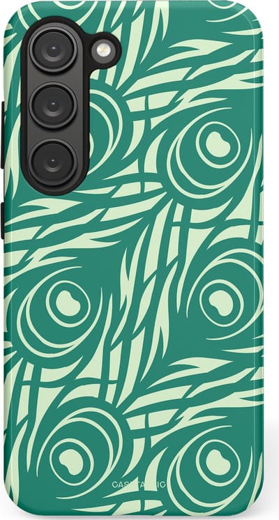 Casetastic hoesje geschikt voor Samsung Galaxy S23 - Dubbellaagse bescherming - Troste Turquoise Pauw Veren - Fashion Case - Turquoise Mintgroen Crème