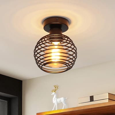 Glitzerlife - Plafondlamp Vintage Retro - Zwarte Metalen Kooi-Look - E27 Fitting - Sfeervolle Industrieel Design - Voor Hal Keuken Balkon Slaapkamer - Ø16cm - Zwart