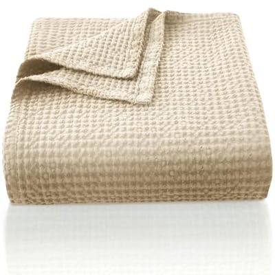 Zachte Katoenen Deken 270 x 230 cm - Ademend Wafelpatroon - Beige Woondeken voor Bank en Woonkamer