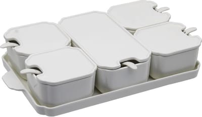 Homestar Decoratie - Snack/borrelschalen porselein 5-vaks met sausbakje - dienblad30 cm - Keukenbenodigdheden - Serveerschalen met 5 vakken met deksel - 5 klein lepels- Snacks/hapjes serveren