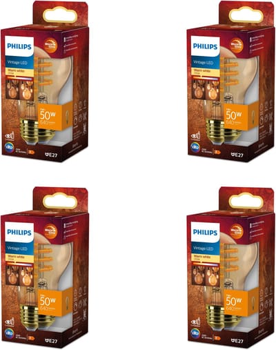 Philips Voordeelverpakking - E27 - WarmGlow - LED Standaard lamp - Mat - 50W - Amber - Dimbaar - Warmwit Licht - Set van 4 Stuks