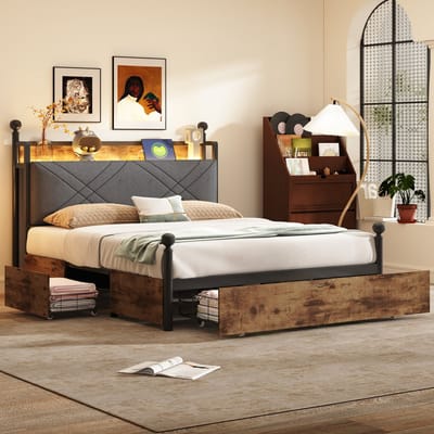 DESMIU Metalen Hemelbed 140x190cm – Multifunctioneel Bed met Afneembaar Hemelrek, LED Verlichting en Oplaadpunten – 3 Lades – Modern – Zwart – Zonder matras