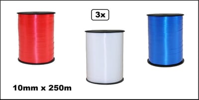 3x Krullint rood-wit-blauw 10mm x 250meter - Vernieuwd - nu met folie beschermlaag om de rol - Holland Krullint kerst thema feest decoratie kado