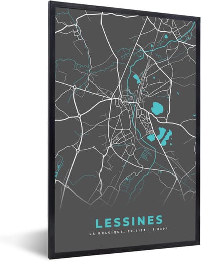 Fotolijst incl. Poster - België – Lessines – Stadskaart – Kaart – Blauw – Plattegrond - 40x60 cm - Posterlijst