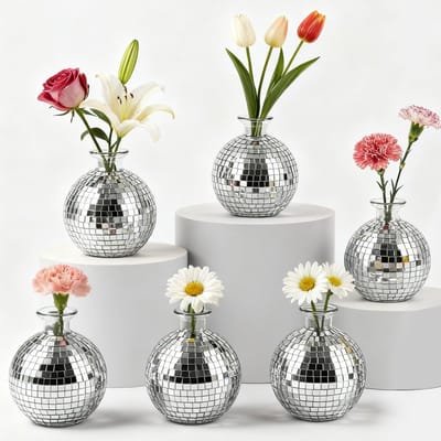 Dailygoods- Discobolvaas 6-delig - Decoratieve Bol - Plantenbak - Zilveren Spiegelglas - Voor Feest/Bruiloft - Lichtreflectie Kenmerk - Decoratieve Vaas