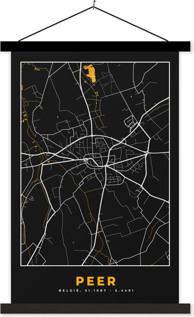 Posterhanger incl. Poster 40x60 cm - Schoolplaat - Stadskaart - Plattegrond - Peer - Goud - Kaart - Textielposter - Zwarte latten - Stadskaart