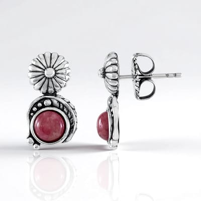 Cavill - Oorbellen - Geoxideerd 925 Sterling Zilver - 2,34 ct Rhodoniet Cabochon Rond - Boho Stijl & Elegante Natuurlijke Steen