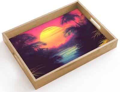 Dienblad hout 40x30 cm - Schootdienblad - Zon - Geel - Palmbomen - Tropisch - Borrelplank rechthoek - Plateau dienbladen