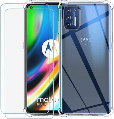 Anti-Shock transparant hoesje silicone met 2 Pack Tempered glas Screen Protector Geschikt voor: Motorola Moto G9 Plus