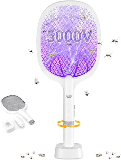 SnelShoppen - Elektrische Vliegenmepper 5000V Oplaadbaar met 2000mAh Batterij, Afneembare Handgreep, 2-in-1 Insecten Racket met UV Licht en Laadstatio