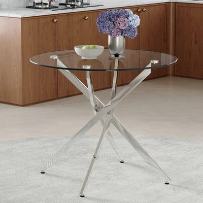 Ronde eettafel- luxe maar lichtgewicht ontwerp - 88 cm - eenvoudig tafelblad van gehard glas - zilverkleurig metalen frame - glazen tafelblad, metalen poten - geschikt voor kleine appartementen, huizen en eetkamers - biedt plaats aan 2 tot 4 personen