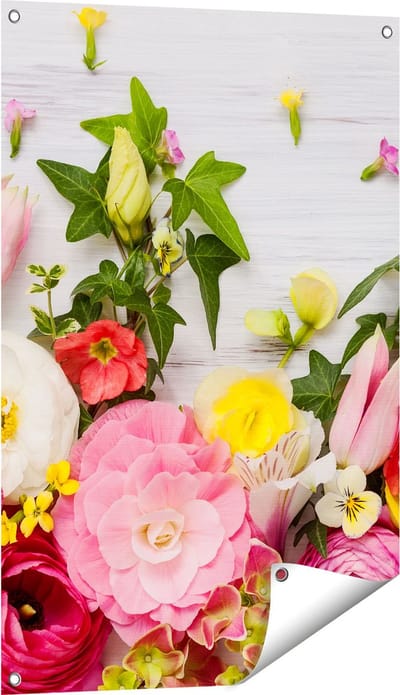 Gards Tuinposter Bloemen op een Witte Houten Achtergrond - 60x90 cm - Tuindoek - Tuindecoratie - Wanddecoratie buiten - Tuinschilderij
