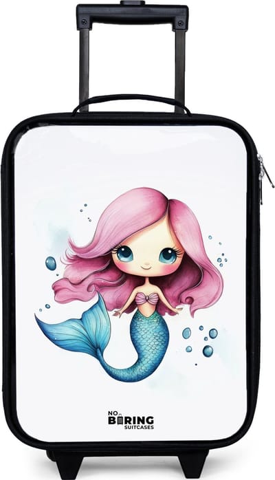NoBoringSuitcases.com® - Kinderkoffer jongen - Kindertrolley meisje - Zeemeermin met roze haar en blauwe staart tussen luchtbellen - Koffer kind lichtgewicht - Reiskoffer trolley voor kinderen - Koffertje met lichtgevende wieltjes - Rolkoffer zwart