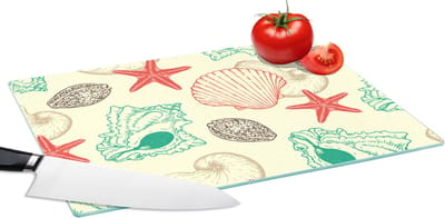 Glazen Snijplank - 39x28 - Schelpen - Zeester - Strand - Vintage - Patroon - Snijplanken Glas