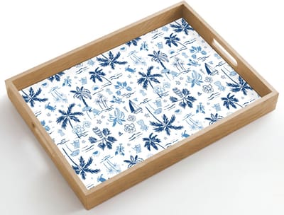 Dienblad hout 50x35 cm - Schootdienblad - Zee - Patroon - Blauw - Wit - Borrelplank rechthoek - Plateau dienbladen