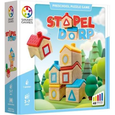 SmartGames Stapel Dorp - Houten Logisch Denkspel - 48 Ruimtelijke Bouwuitdagingen - Educatief Solospel voor Kleuters - Vanaf 3 Jaar