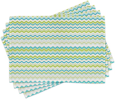 ABAKUHAUS blauwgroen en wit tafelmatten, Zigzag-lijnen in horizontale opstelling, Chevron-driehoeken geometrisch, tafeldecoratie van kleurvast stof voor eetkamer en keuken, cremeblauw